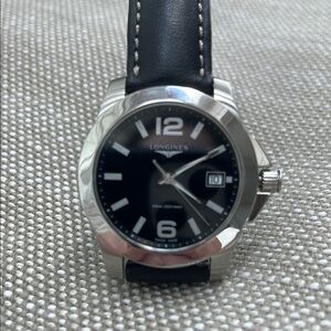 Longines Conquest Black Date Stainless Steel Case Quartz Watch Leather Men